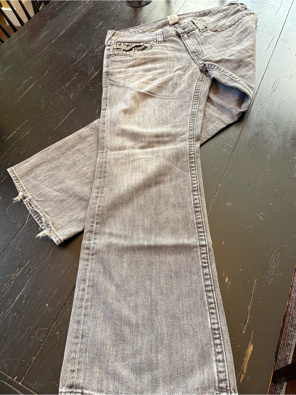 True Religion Men’s Light Gray Bootcut Jeans with Stud Detailing